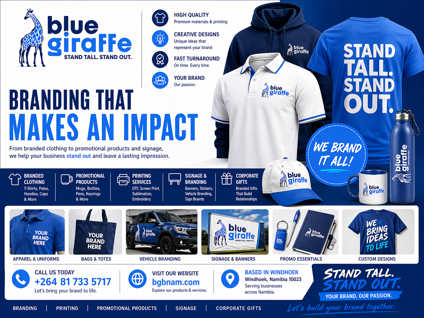 Blue Giraffe Branding Namibia | Custom Branding, & Printing